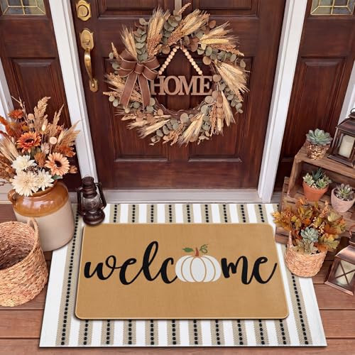 Tinideya 2 Pcs Fall Door Mat Set, Pumpkin Welcome Mat Beige Striped Rug | Amazon (US)