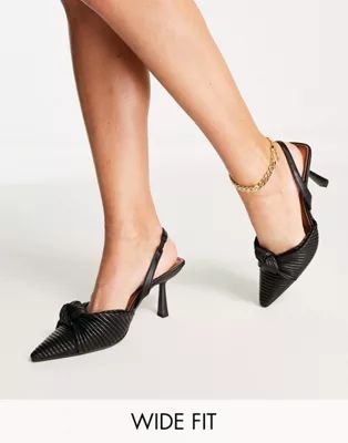 ASOS DESIGN Wide Fit Soraya knotted slingback mid heeled shoes in black | ASOS (Global)