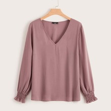Plus Frilled & Shirred Cuff V Neck Blouse | SHEIN