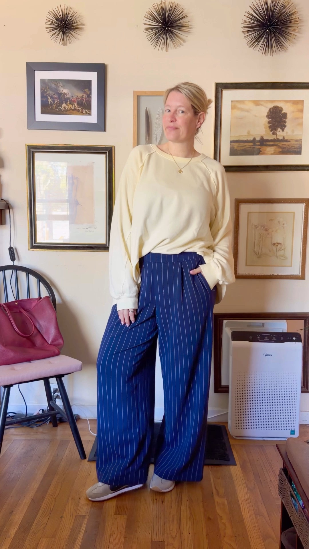 Here’s a polished version that keeps your relaxed, comfy vibe but reads a little smoother for Instagram:

Sunny days and warmer temps mean it’s officially time to pull the spring sweatshirts back out. Keeping it comfy at work today with these flowy pants — because Sundays call for easy outfits and good moods. 🌸

top large 
pants large long
shoes 7.5



#LTKTall #LTKOver40 #LTKootd