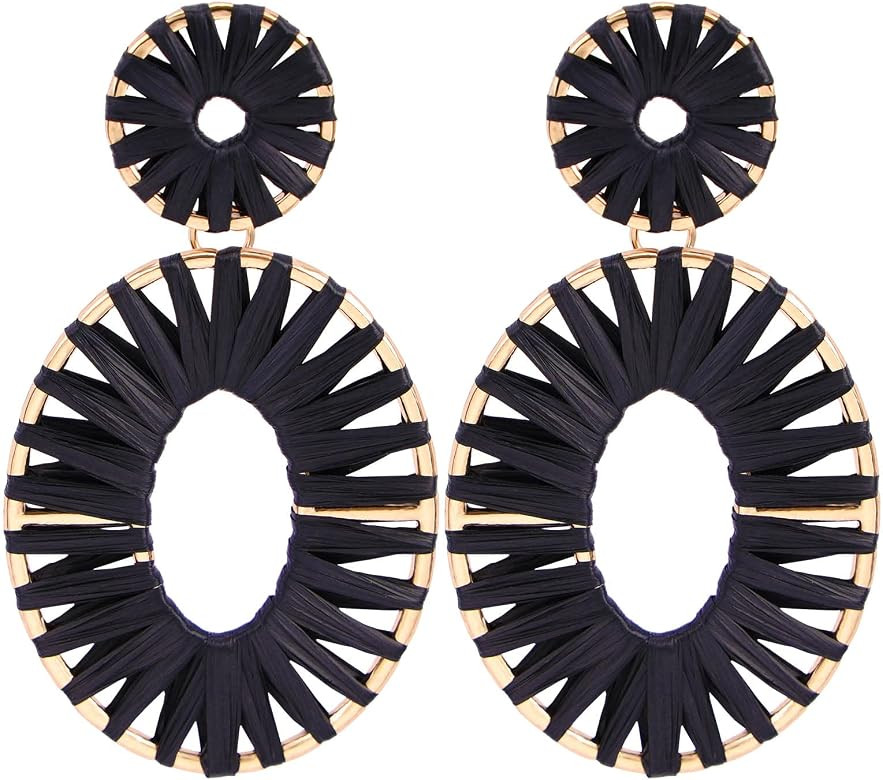 Raffia Tassel Hoop Drop Earrings Handmade Fashion Statement Jewelry for Women | Amazon (US)