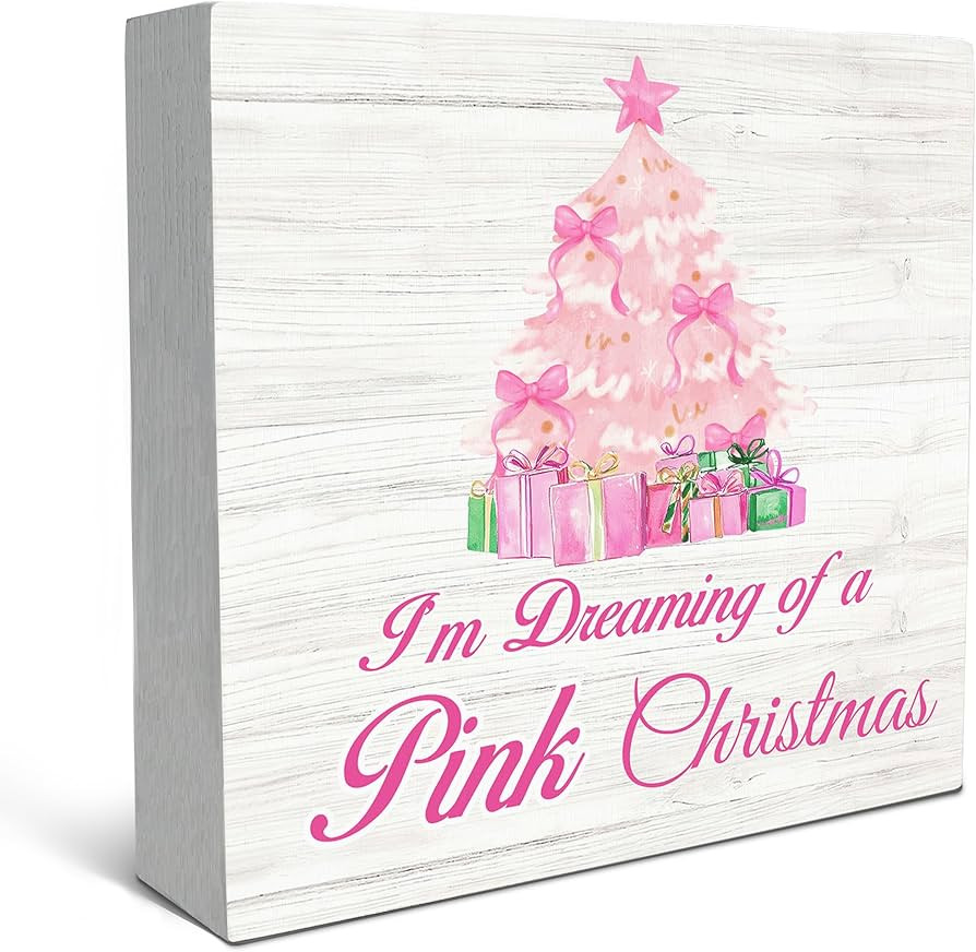 SRADMO Pink Christmas Tree Wood Box Sign Desk Decor, Preppy Christmas Decor, Coquette Pink Bow Xm... | Amazon (US)