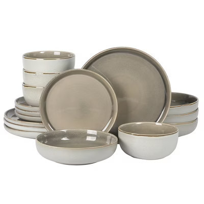 Gibson Elite Sunveil 16 Piece (Service for 4) Plates and Bowls Reactive Glaze Round Dishes Stoneware Ceramic Dinnerware Set Taupe | Target