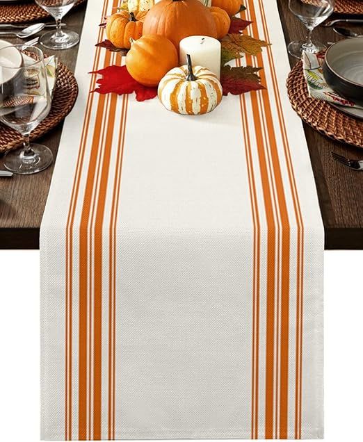 Cotton Linen Table Runner 13x72 inches Long, Thanksgiving Stripes Orange, Burlap Table Cloth Dres... | Amazon (US)