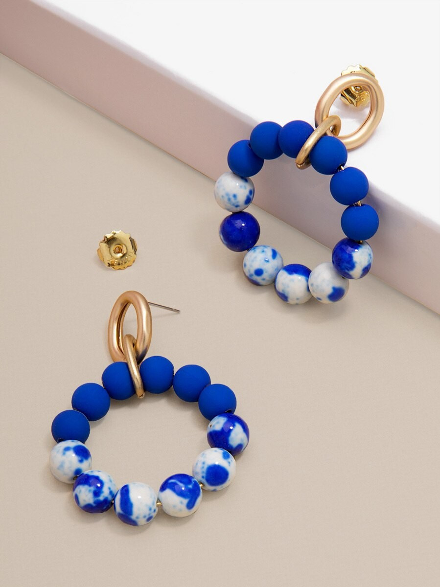 Blue Marbled Beaded Drop Hoop Earring | ZENZII