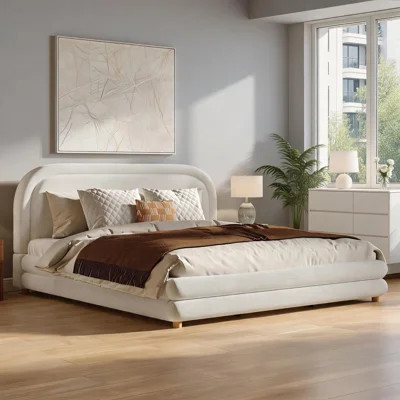 Upholstered King Size Bed Frame, Luxury Thick Curved Headboard, Boucle Fabric Solid Wood Legs Soft White | Wayfair North America
