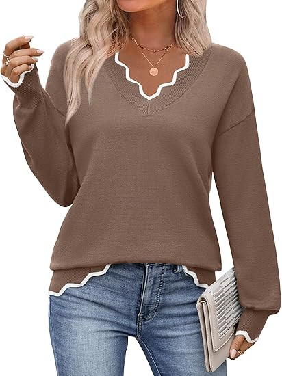 Zeagoo Women's 2026 Fall V Neck Sweater Casual Long Sleeve Lightweight Ribbed Knit Pullover Sweat... | Amazon (US)