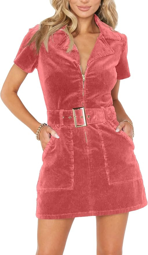 Women's Corduroy Mini Dress Short Sleeve Lapel Zip Up Belted Cowgirl Dresses with Pockets | Amazon (US)