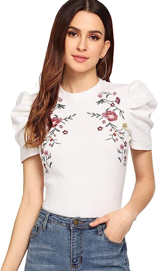 Romwe Women's Elegant Pearl Embellished Puff Short Sleeve Embroidered Blouse Tops | Amazon (US)