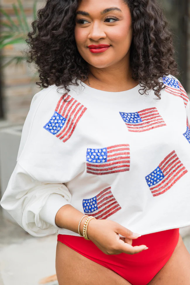 Freedom Forever Ivory Flag Patch Cropped Pullover | Pink Lily