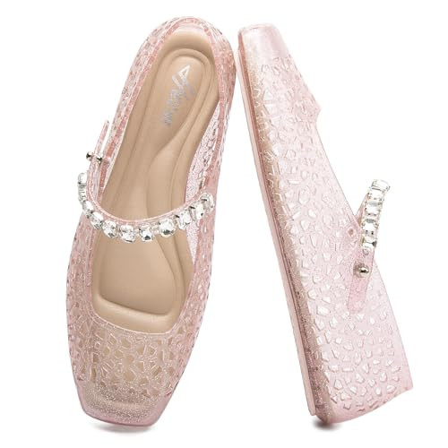 HEVA Women's Jelly Flat Sandals - Square Toe Breathable Mesh Flats - Sparkly Buckle Strap Casual ... | Amazon (US)