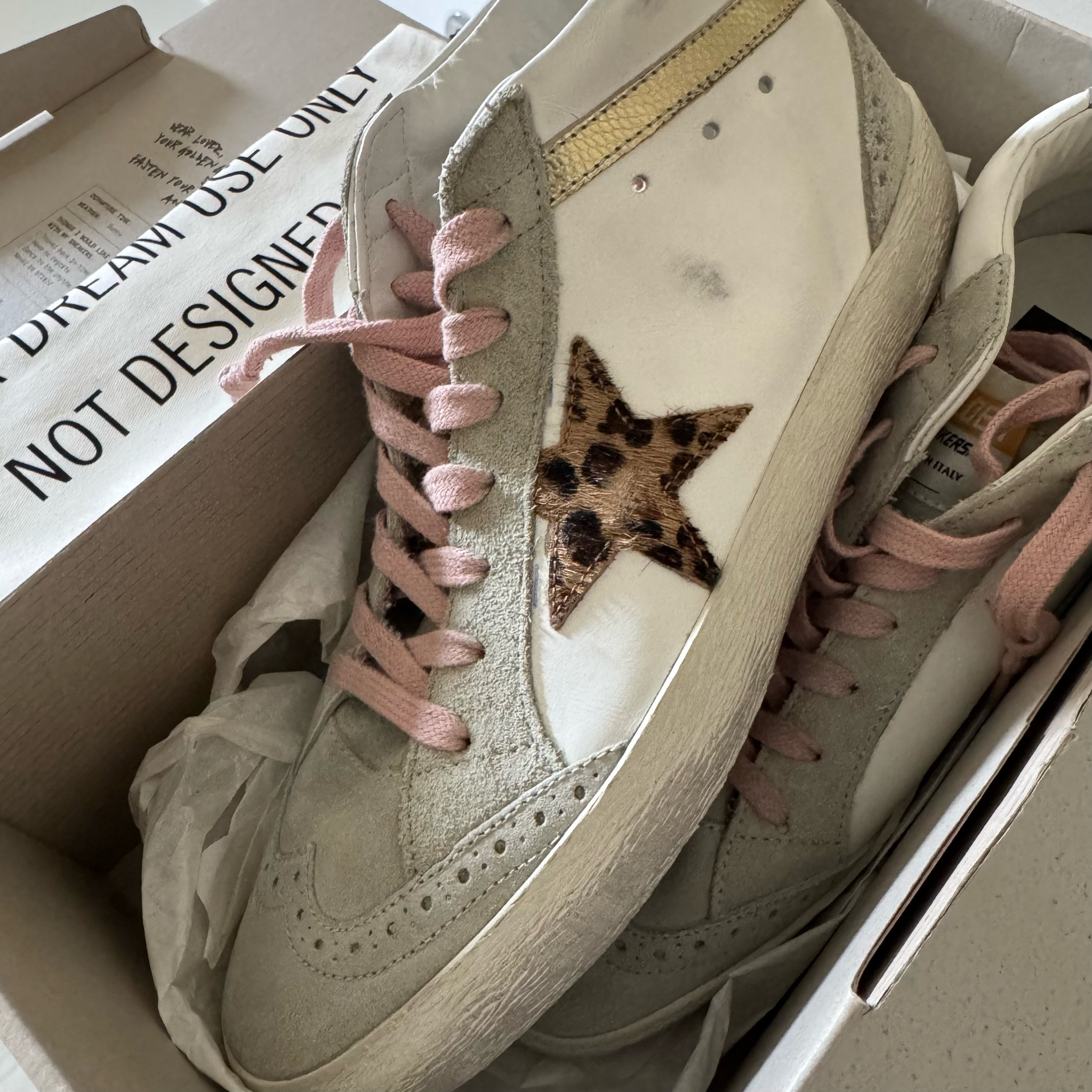 Golden Goose Women's Mid Star Classic Leather Sneakers, White/Beige/Brown Leo