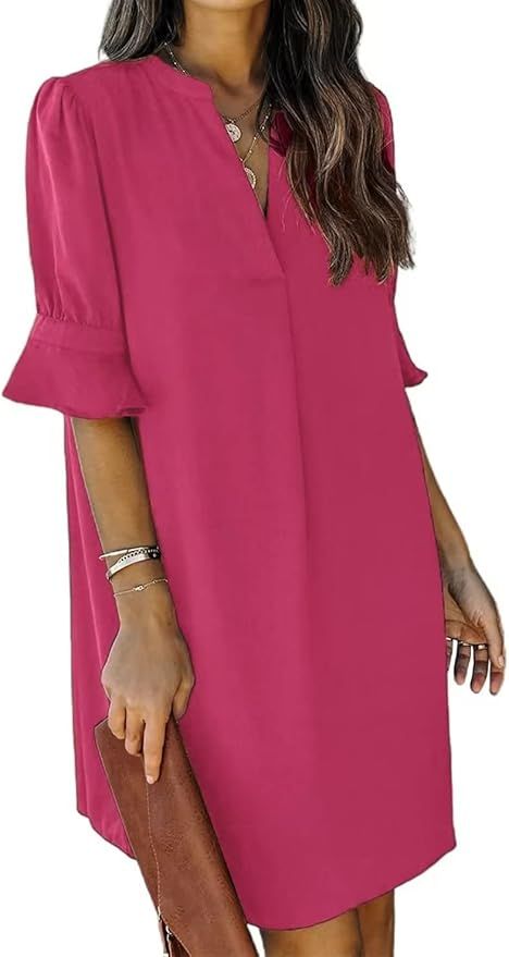 JOCAFIYE Women's Casual Dresses Short/Long Sleeve V-Neck Dress Casual Loose Shift Dresses | Amazon (US)