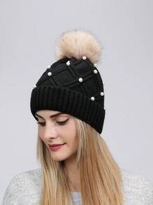 Knitted Beanie Hat With Pearl Decoration And Pom-pom | SHEIN