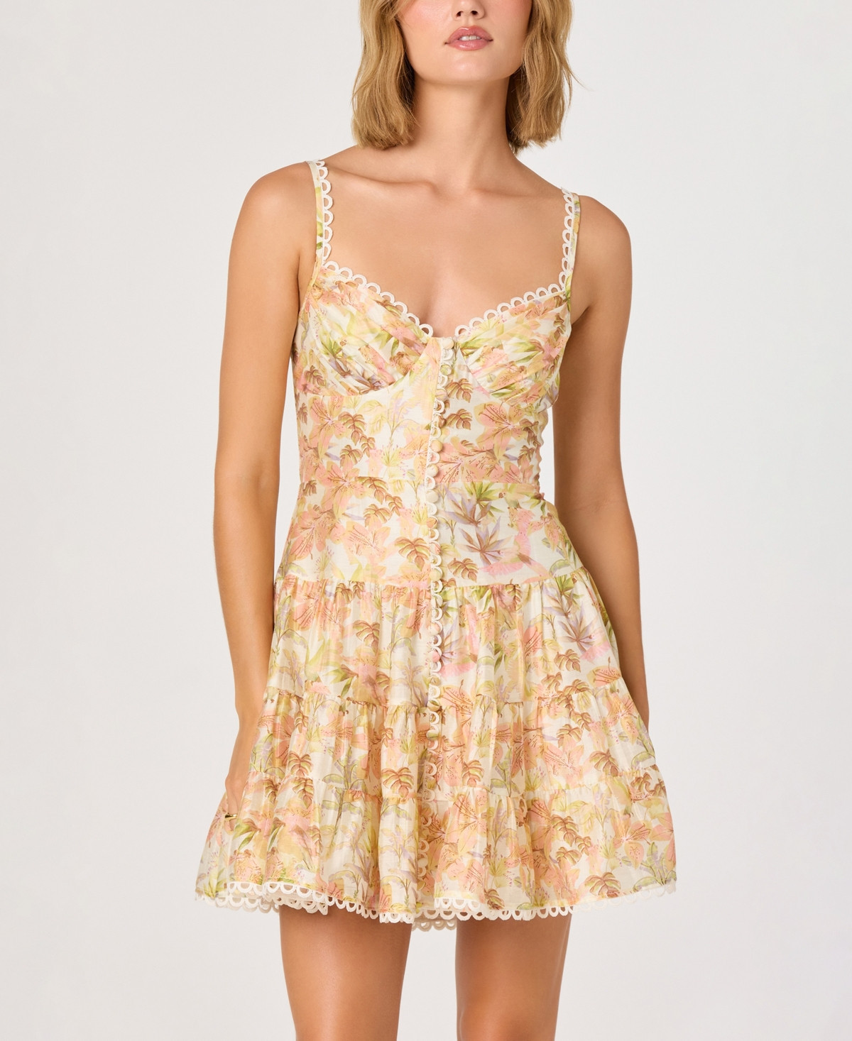Astr the Label Women's Bustier Sweetheart Neck Fit & Flare Mini Dress - Yellow Pink Floral | Macy's