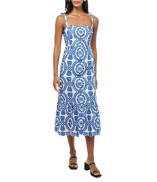 Shanna Embroidered Abstract Print Square Neck Sleeveless Fit and Flare Midi Dress | Dillard's