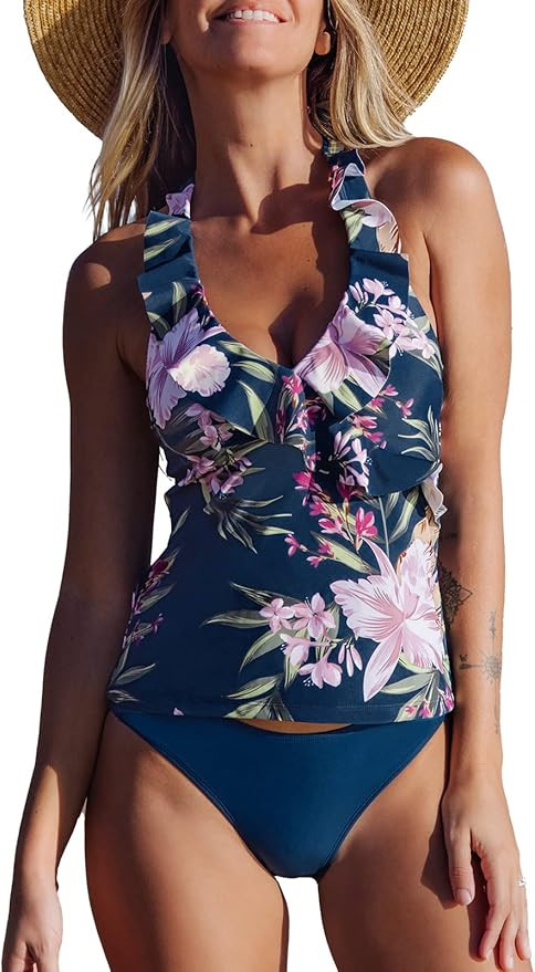 CUPSHE Women Ruffle Halter Tankini Set Tummy Control Bikini Mid Rise Hipster Bottom Two Piece Swi... | Amazon (US)