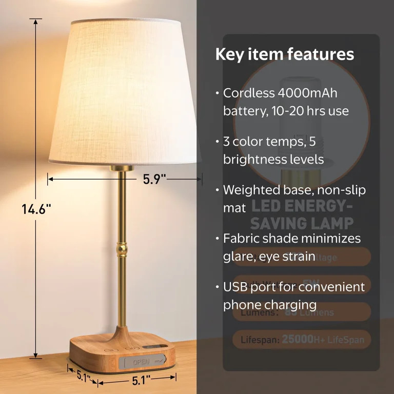 GPED Bedside Table Lamp for Bedroom, 3 Color Temperatures Cordless Bedside Lamp, 5 Way Dimmable T... | Walmart (US)