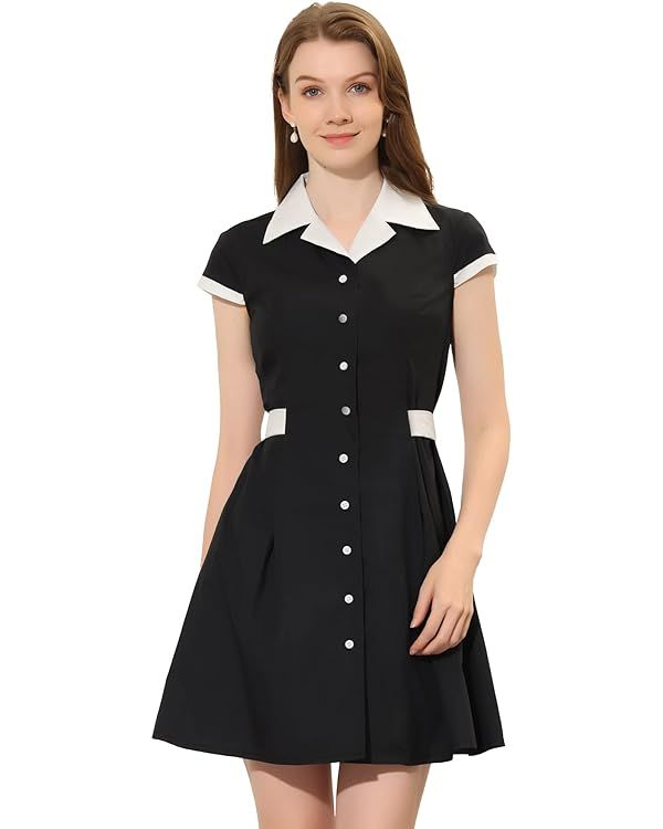 Allegra K Women's Vintage Button Down Dress Flat Collar Belted Office Mini Shirt Dress | Amazon (US)