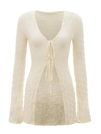 SHEIN ICON 90s Bell Sleeve Tie Front Textured Sheer Top | SHEIN