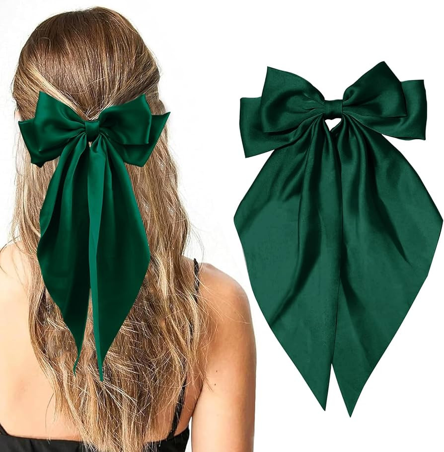 Big Bow Hair Clips, Long Ribbon Hair Pins for Women - Green Hair Bows, Soft Barrettes, and Party ... | Amazon (US)