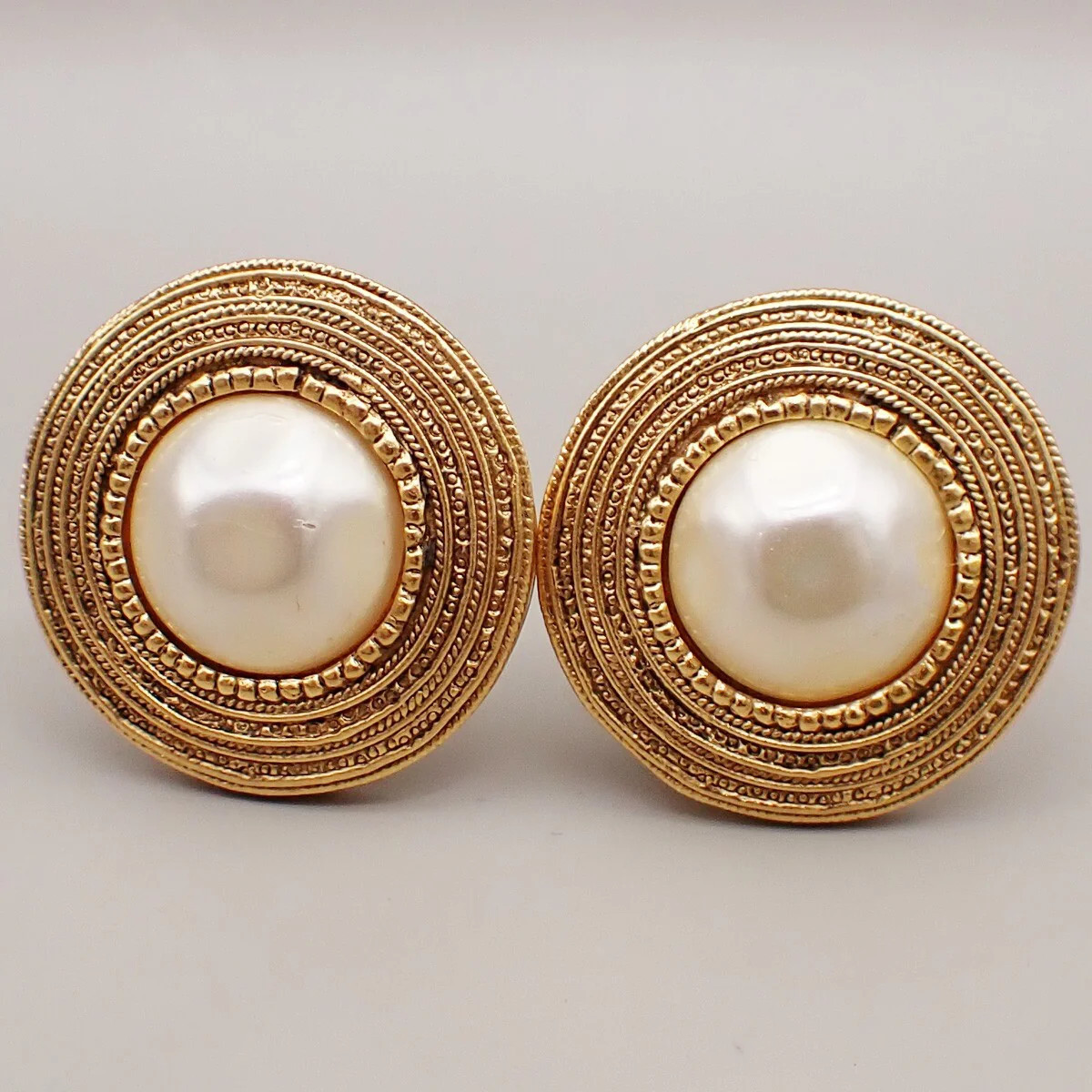 Chanel Vintage Round Clip-On Earrings Metal With Faux ivory _Plated Earrings Jewelry (Pre-Owned) | Shop Simon