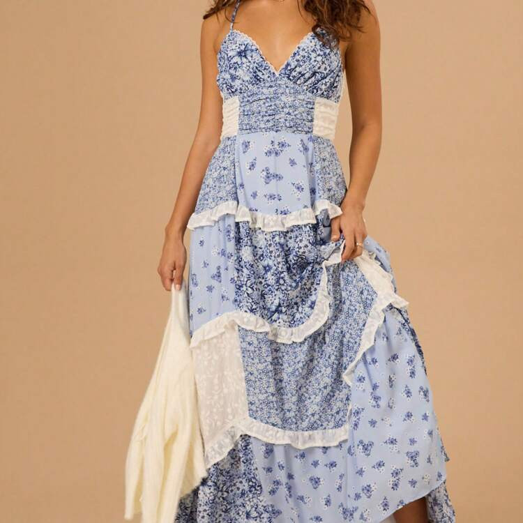 The Women's Printed Lace Patchwork Suspender Dress Combines Romantic Lace And Fresh Print Elements. It Is Made Of Light And Breathable Fabric And Is Cut Close To The Body Without Being Tight. It Not Only Shows The Feminine Curves, But Also Takes Into Account The Comfort Of Summer Wear. | SHEIN