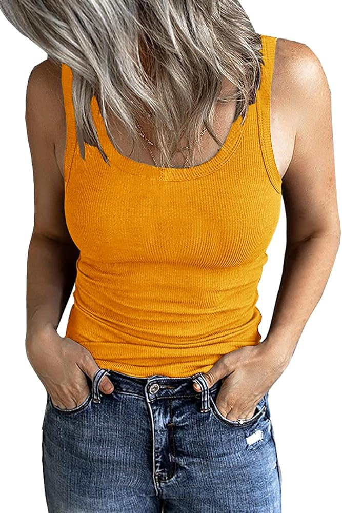 GEMBERA Women's Sleeveless Scoop Neck Ribbed Tank Tops Fitted Basic Cami Tee Shirts | Amazon (US)