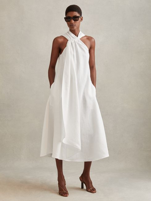 Linen Blend Drape Midi Dress in White | Reiss UK