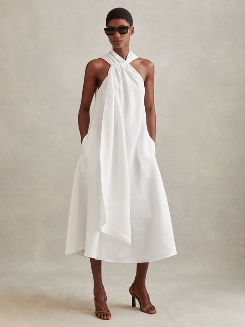 Reiss White Cosette Linen Blend Drape Midi Dress | Reiss UK