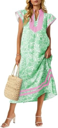 Wenrine Womens Summer Floral Maxi Dress Casual Short Cap Sleeve V Neck Color Block Side Slit Loos... | Amazon (US)