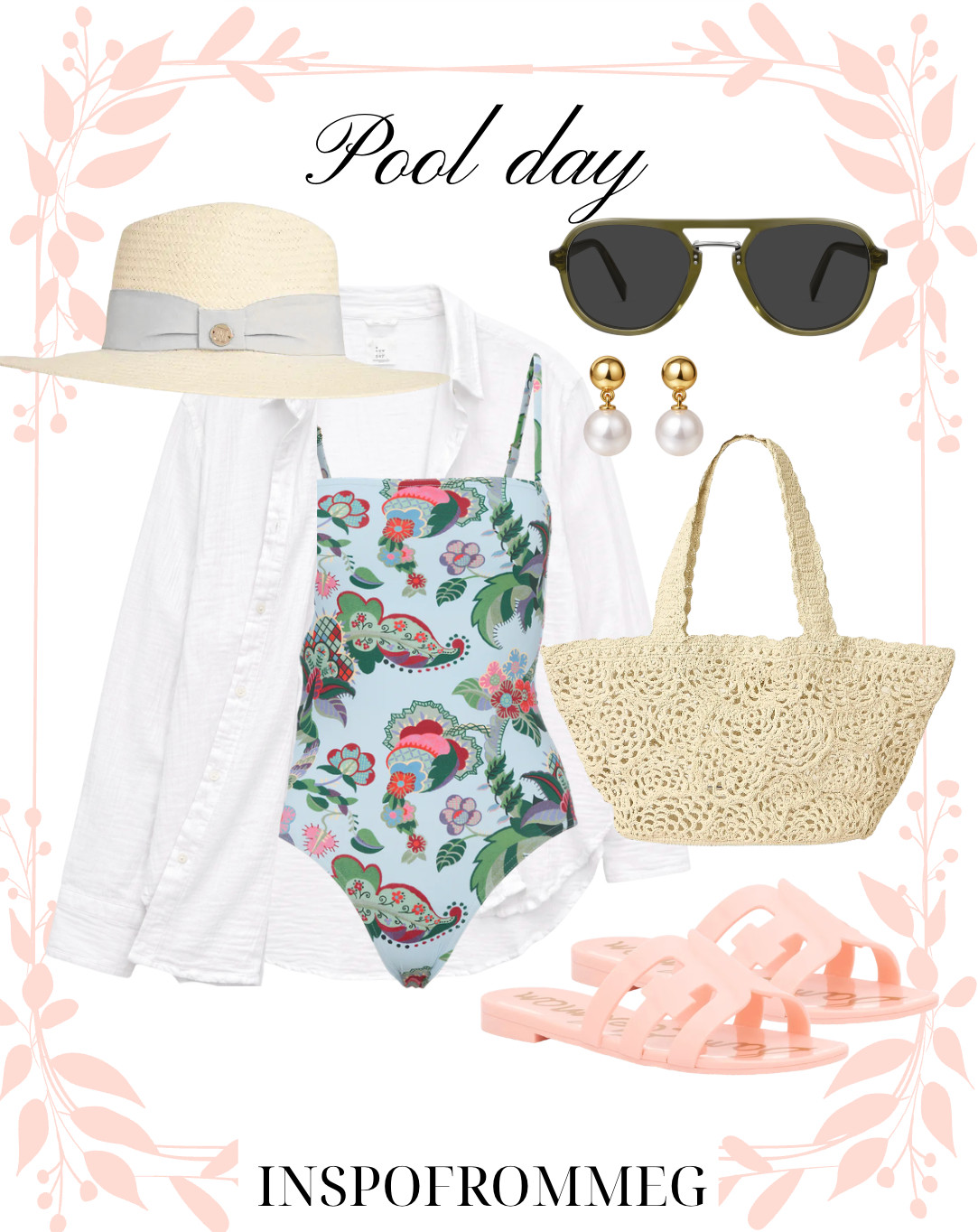 pool day outfit, summer outfit inspo, beach outfit, vacation outfit, resort wear, floral swimsuit, printed swimsuit, one piece swimsuit, feminine swimwear, colorful summer outfit, preppy summer style, coastal grandma outfit, clean girl aesthetic, chic summer outfit, girly summer style, white coverup, linen button down, straw tote bag, woven bag, crochet tote, beach bag essentials, straw hat outfit, wide brim hat, summer accessories, pearl earrings, gold jewelry, sunglasses outfit, pink sandals, jelly sandals, casual sandals, poolside style, beach day essentials, summer packing list, vacation wardrobe, bright summer outfit, target style, amazon finds, affordable fashion, LTK style 

 

#LTKootd #LTKSeasonal #LTKSwim