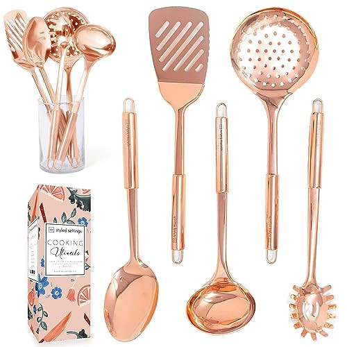 Copper Cooking Utensils Set – 5-Piece Rose Gold Stainless Steel Kitchen Tools for Cooking and Serving Includes Ladle, Spoon, Pasta Fork, Spatula, and Skimmer – Stylish Copper Kitchen Accessories | Amazon (US)