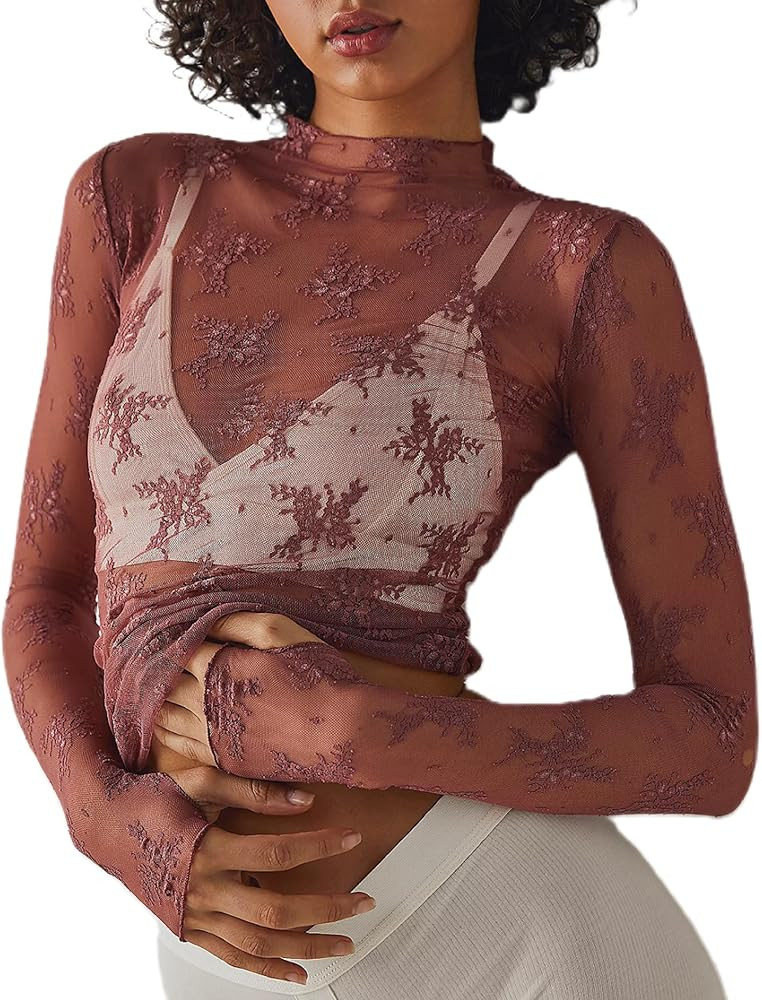 KMBANGI Women's Mesh Lace Long Sleeve Top Mock Neck Sheer Blouse Floral Lace Layering Tops Y2k Se... | Amazon (US)
