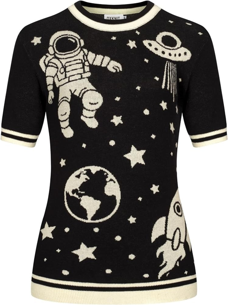 OXKNIT Women's Knit Short Sleeve T-Shirt Vintage Space-Themed Patterns Crewneck Cotton Black Tops... | Amazon (US)