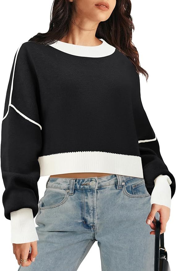 MEROKEETY Women's Crewneck Cropped Color Block Sweater Batwing Sleeve Ribbed Knit Pullover Jumper | Amazon (US)