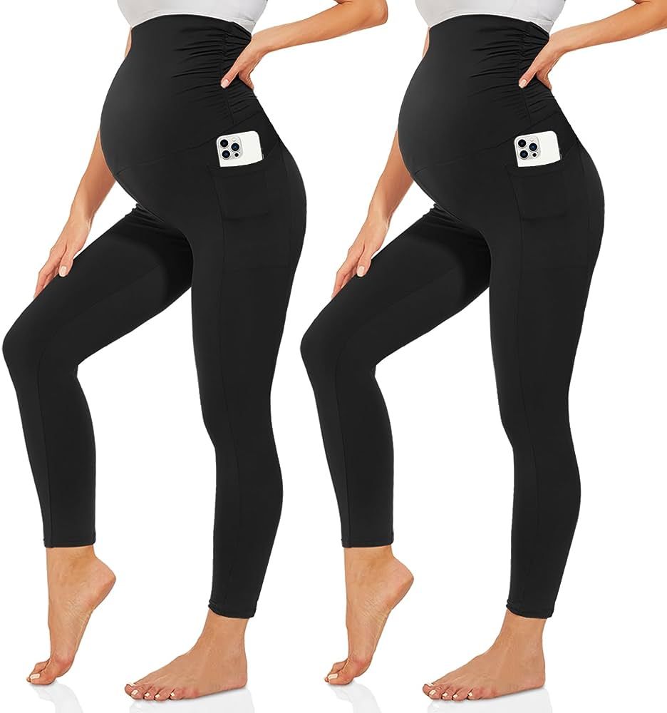 Happy.angel 2 Pack Maternity Leggings with Pockets Over The Belly, Womens Black Workout Yoga Preg... | Amazon (US)