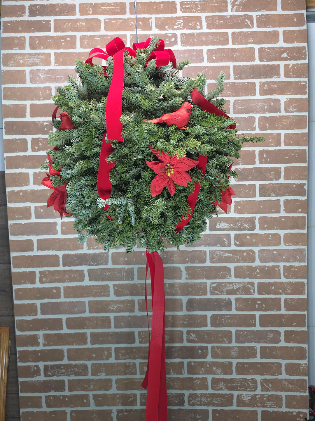 Holiday Kissing Ball, Real Balsam Fir With Red Ribbon Cardinals and Poinsettias Homemade Live Kis... | Etsy (US)