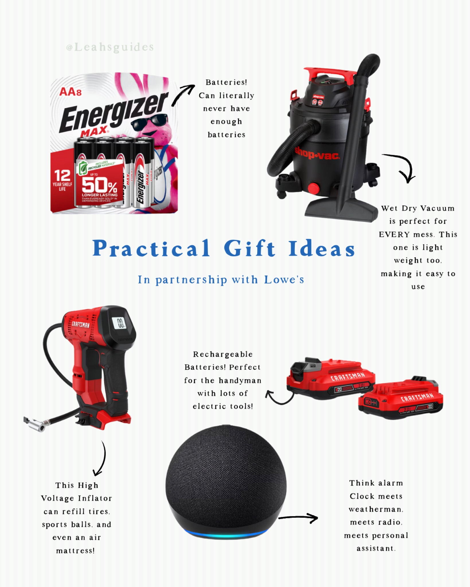 #AD Practical Gift Ideas for Practical People in partnership with @Lowes. I've curated some of my favorite practical gift ideas this season. From batteries to a wet dry vacuum- I've sourced gifts that are perfectly practical and so fun for the family. Thanks to Lowe’s December Deal Drops, you can save so much money too- making shopping a WIN this holiday season. #Lowespartner 

#LTKHoliday #LTKSeasonal #LTKGiftGuide
