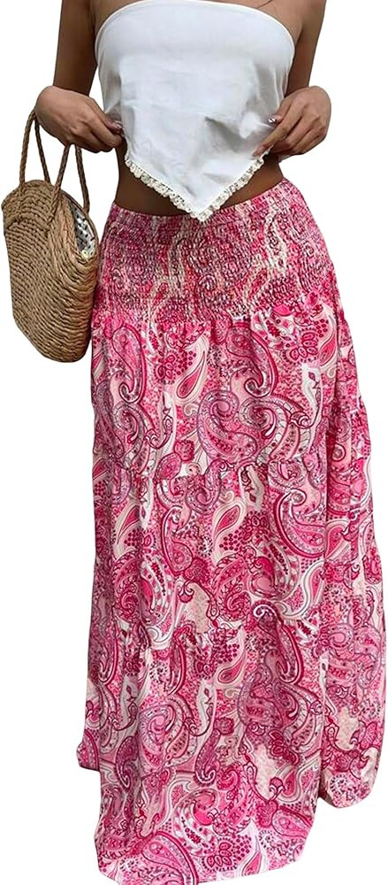 ZAFUL Women’s Summer Boho Maxi Skirts Bohemian Print Smocked High Wasited Flowy Tiered Ruffle L... | Amazon (US)
