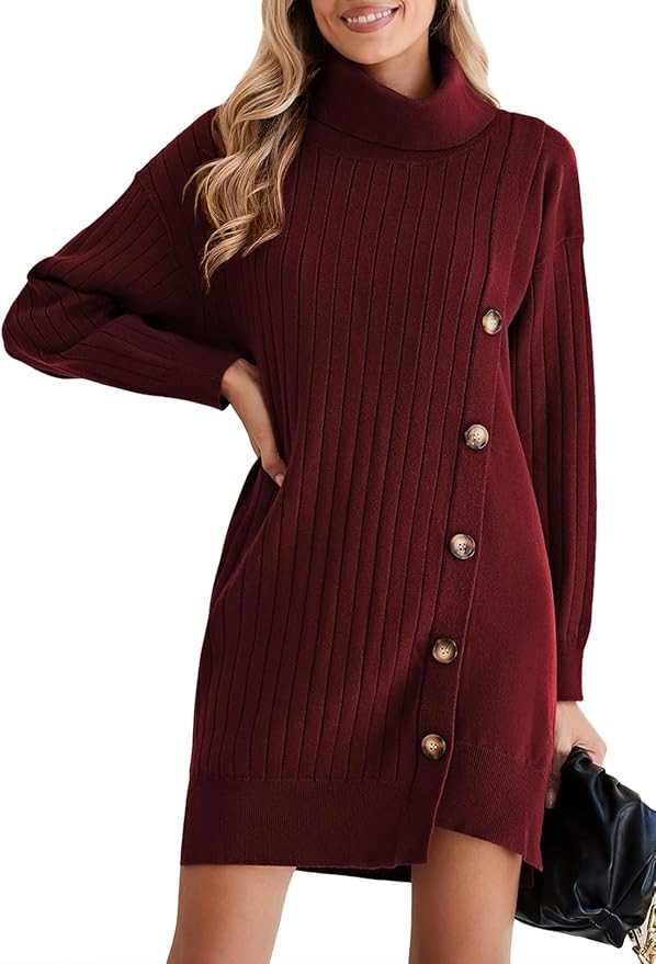 Pink Queen Women's Fall Winter Sweater Dress 2024 Loose Turtleneck Long Sleeve Cocktail Party Rib... | Amazon (US)