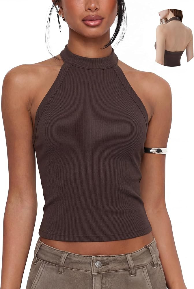 SUUKSESS Halter Tops for Women Open Back Tank Tops High Neck Backless Top | Amazon (US)