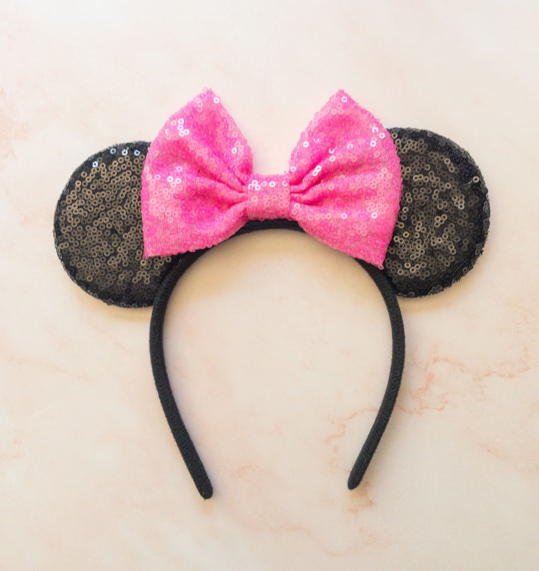 Black Sequin Minnie Mouse Ears with Hot Pink Sequin Bow | Etsy (US)