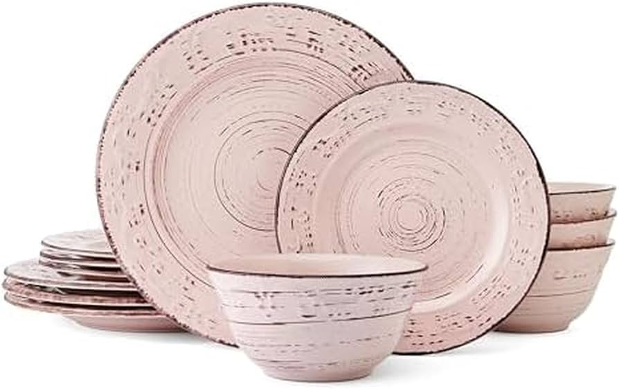 Pfaltzgraff Trellis Pink 12 Piece Dinnerware Plate Bowl Set, Service for 4 | Amazon (US)