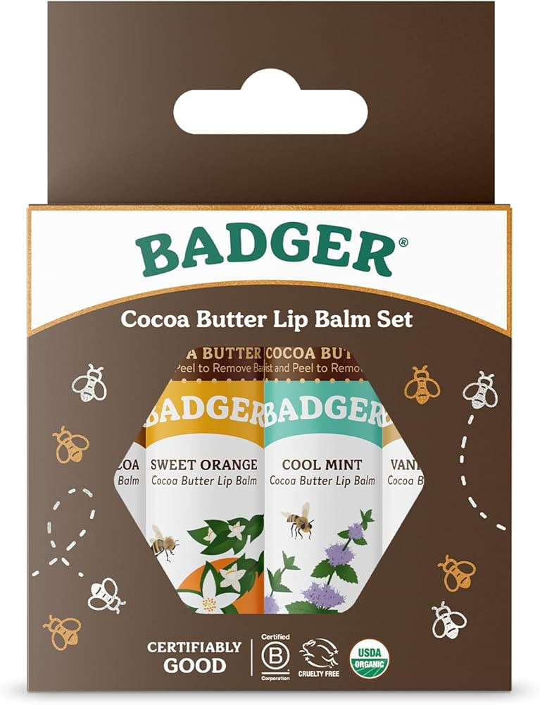 Badger Cocoa Butter Lip Balm Set, 100% Organic, Long Lasting Lip Moisturizers, Lip Care Variety P... | Amazon (US)