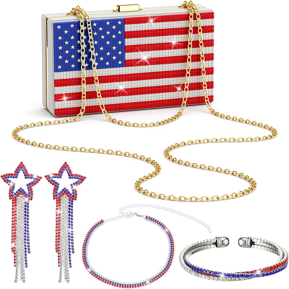 4 Pcs 4th of July Diamond Jewelry Set Including American Flag Evening Purse Patriotic Necklace Ea... | Amazon (US)