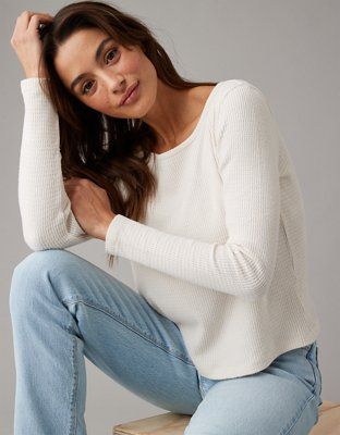 AE Off-The-Shoulder Plush Long-Sleeve T-Shirt | American Eagle Outfitters (US & CA)