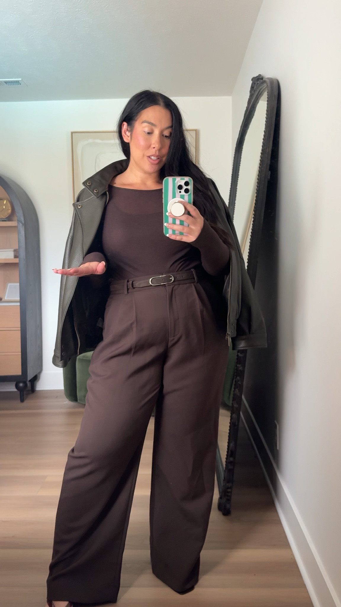 My favorite trousers now in a brown for fall! Paired with one of my favorite sheer tops! Wearing a 33 long on the bottom, and a large on top! Midsize, midsize fashion, fall, fall fashion, workwear, Abercrombie

#LTKSeasonal #LTKMidsize