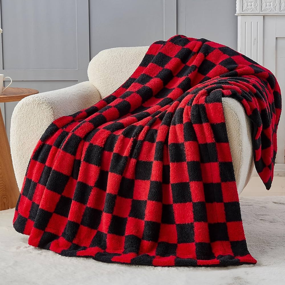 NEWCOSPLAY Throw Blanket for Couch Red Black Checkered Blanket Warm Thick for Winter Fuzzy Fluffy... | Amazon (US)