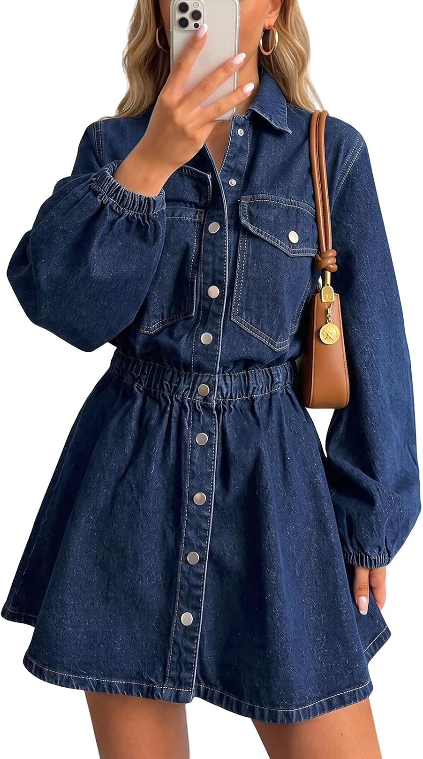 Wenrine Denim Dress for Women Long Sleeve Button Down Jean Mini Dresses | Amazon (US)